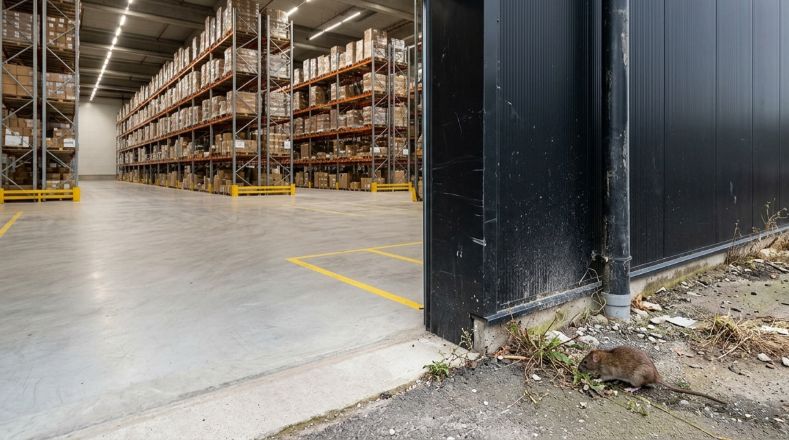 Warehouse aisle with a rodent near stored goods in autumn